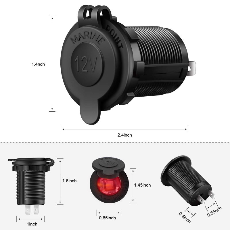 ZHSMS Cigarette Lighter Socket Car Marine Motorcycle ATV RV Lighter Socket Power Outlet Socket Receptacle 12V Waterproof Plug (LED Red) by ZHSMS - Image 3